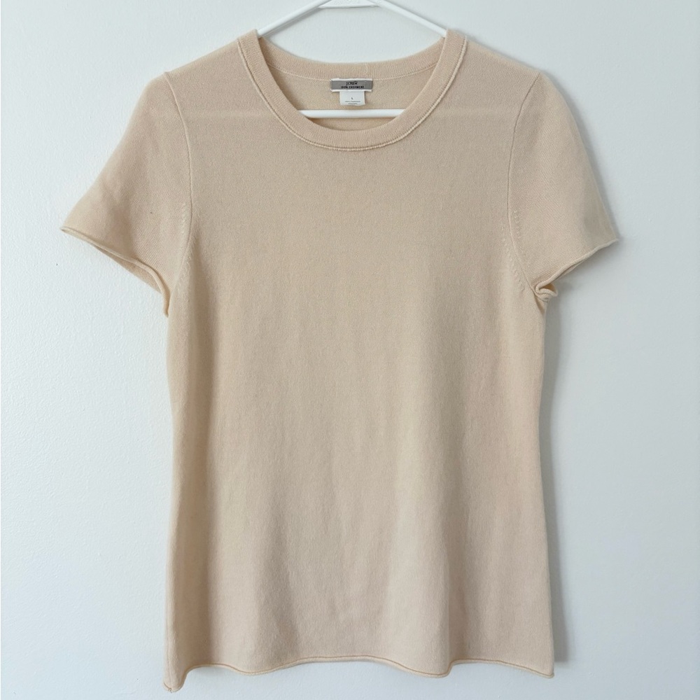 J Crew Cashmere Cream Rolled Hem Crewneck Relaxed Tee Shirt Size Large - Picture 2 of 5